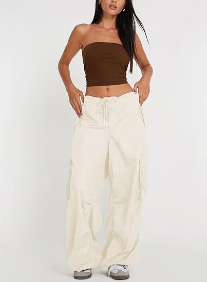 Women Casual Solid Color Loose Pocket Low Waist Drawstring Pants