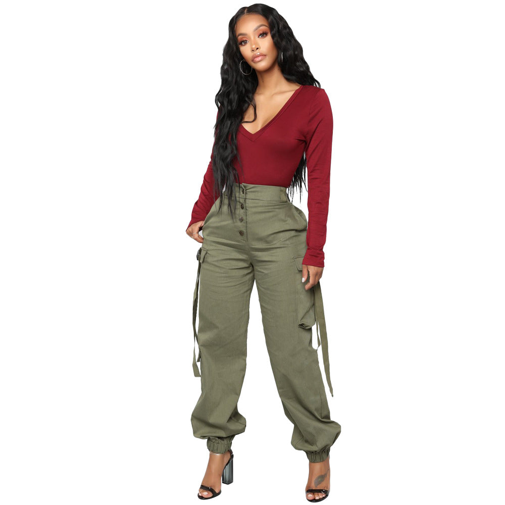 Pantalones deportivos casuales de cintura media con botones y múltiples bolsillos para mujer