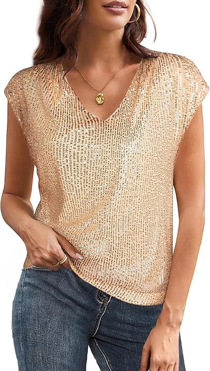 Women Fashion Casual Solid Color Sequin V-Neck Short Sleeve Blouse
