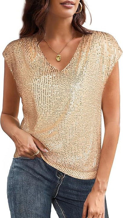 Women Fashion Casual Solid Color Sequin V-Neck Short Sleeve Blouse