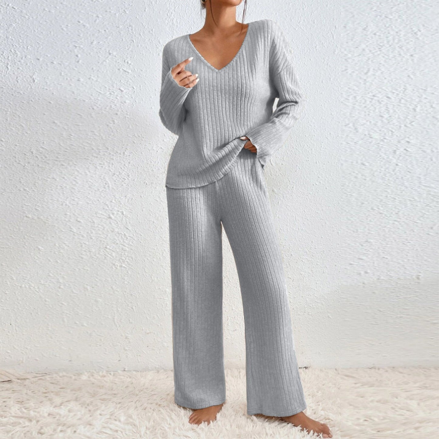 Conjunto informal de punto con cuello en V y manga larga de color liso para mujer