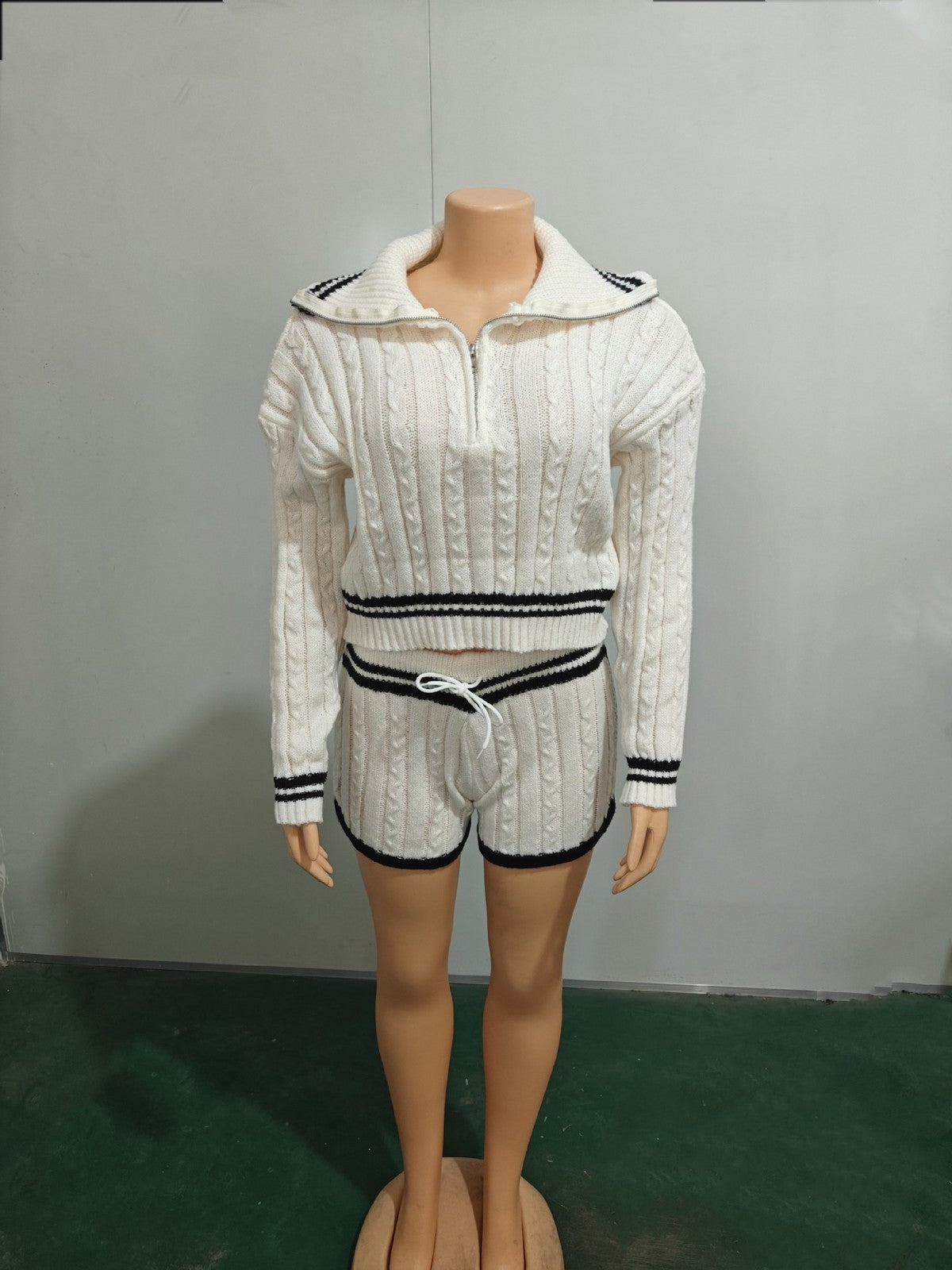 Conjunto de 2 piezas de suéter de manga larga con solapa de punto elástico alto e informal para mujer