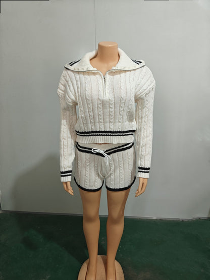 Conjunto de 2 piezas de suéter de manga larga con solapa de punto elástico alto e informal para mujer