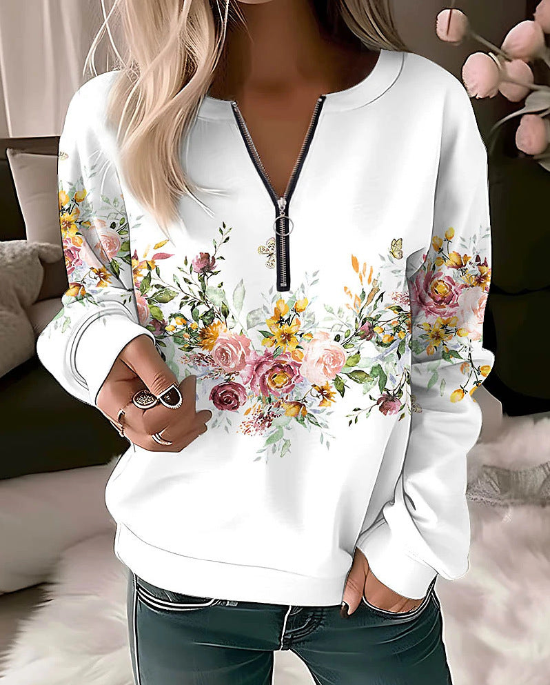Women Casual Floral Printed V-Neck Long-Sleeve Pullover Loose Sweatshirt