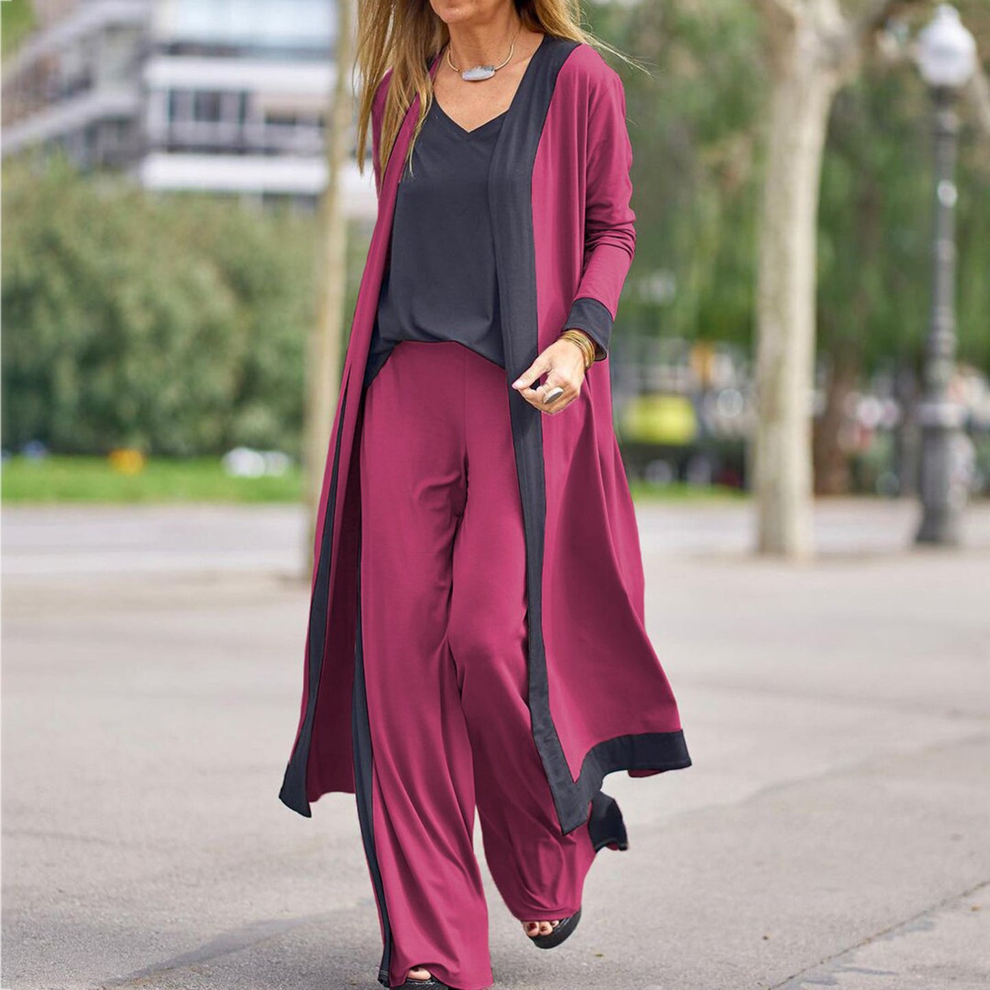 Conjunto de tres piezas para mujer: chaleco sin mangas de color liso y cárdigan informal de manga larga con chaqueta y pantalón