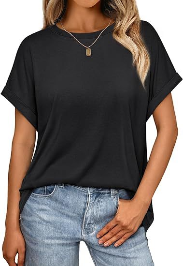 Camiseta informal de verano para mujer, color liso, cuello redondo, manga corta, sin mangas