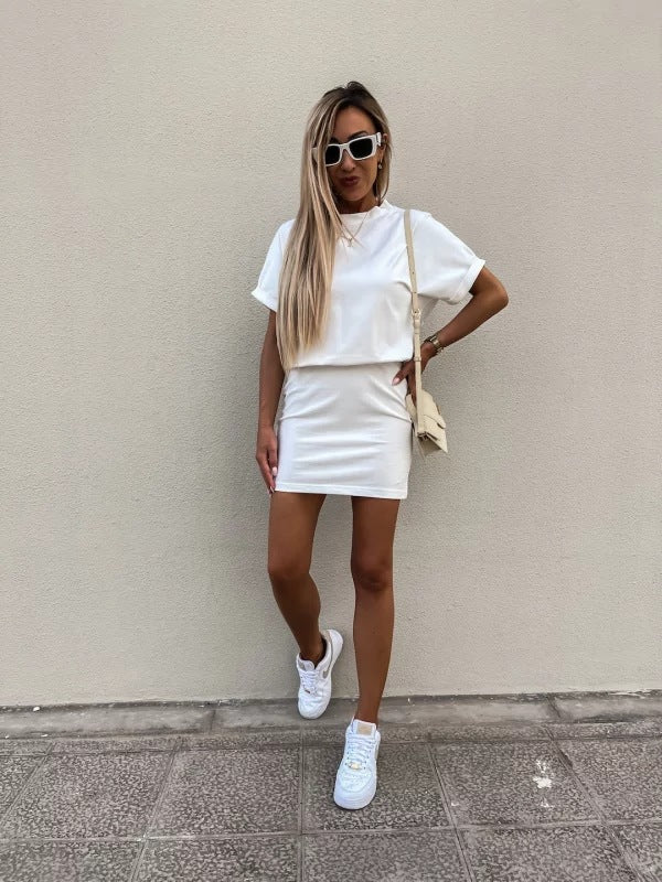 Fashion Summer Women Casual Solid Color Defined Waist Dress