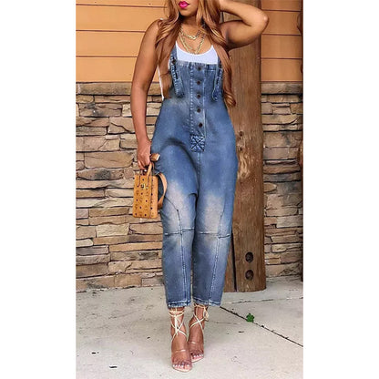 Women Fashion Casual Strap Jeans Pocket Suspender Denim Jumpsuits