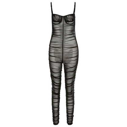 Women Mesh Suspenders Pleated Slim Fit Casual Jumpsuit