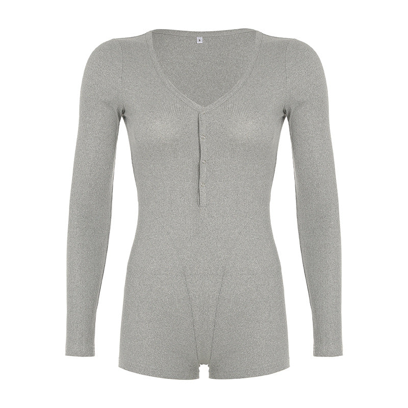 Women Casual Solid Color Single-Breasted V-Neck Elastic Rompers