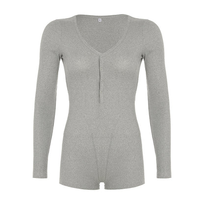 Women Casual Solid Color Single-Breasted V-Neck Elastic Rompers