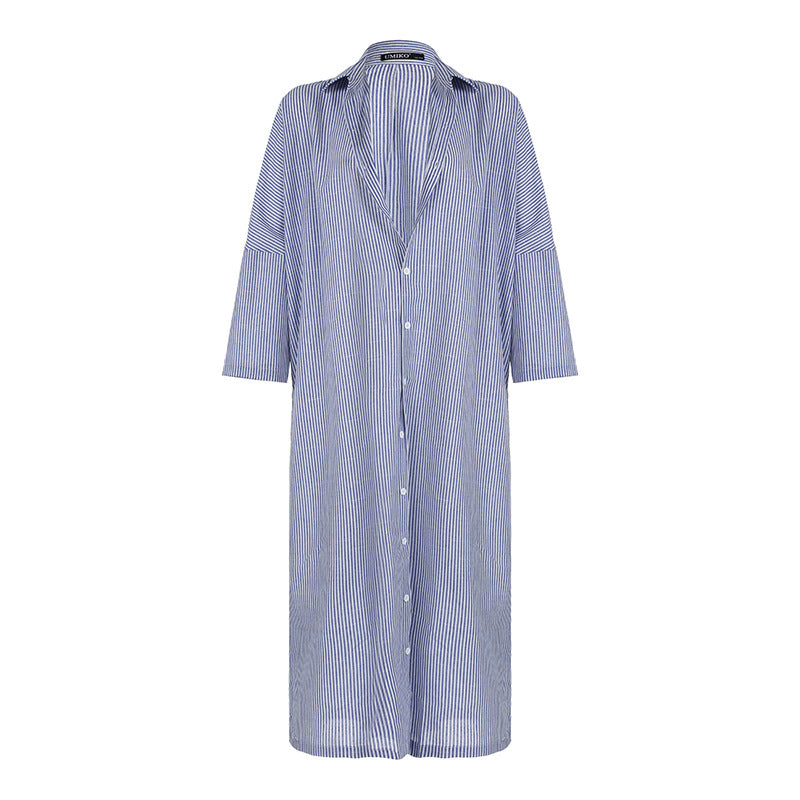 Camisa informal de manga larga con solapa y rayas para mujer, con un solo pecho