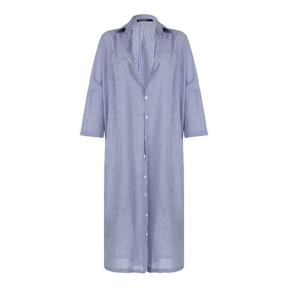 Camisa informal de manga larga con solapa y rayas para mujer, con un solo pecho