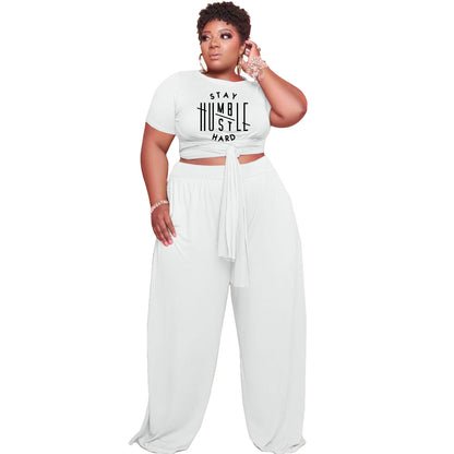 Conjunto de dos piezas de moda para mujer, talla grande, informal, con estampado de letras, manga corta y pantalones rectos