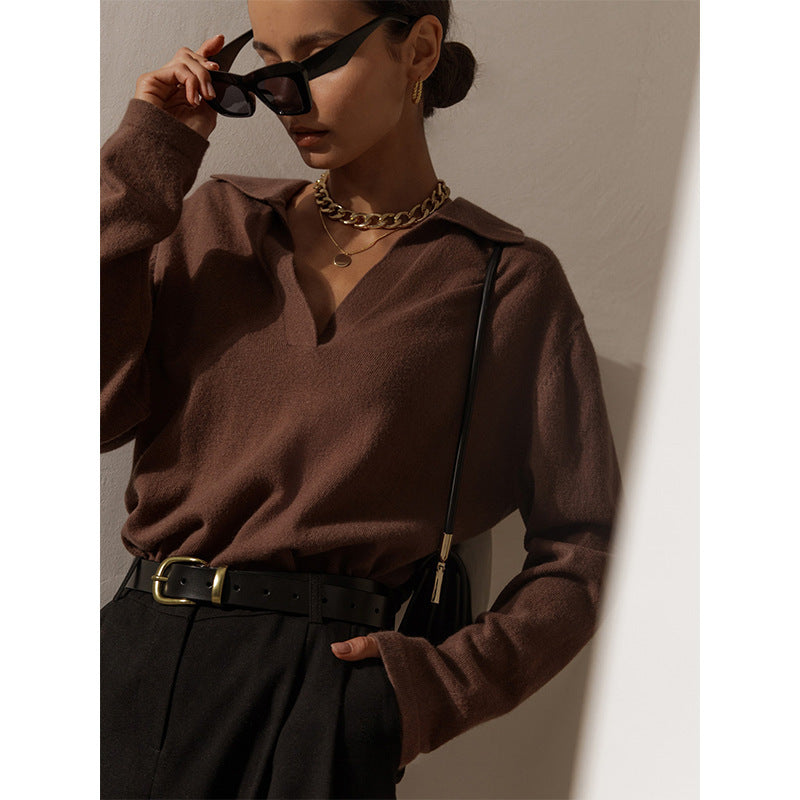 Women Fashion Casual Solid Color Lapel Knitted Sweater