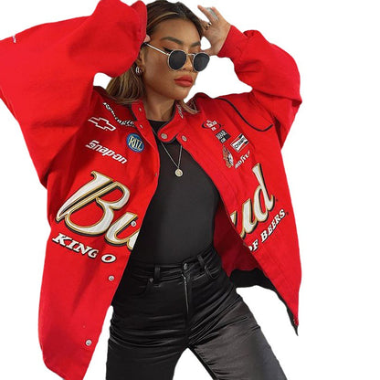 Women Fashion Loose Casual Letter Print Long Sleeve Baseball Jacket Coat