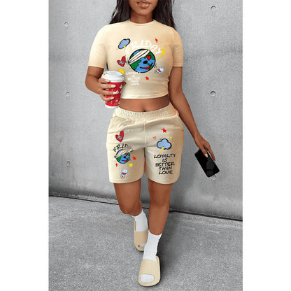 Conjunto informal de dos piezas de camiseta y pantalones cortos de manga corta con estampado de la Tierra para mujer de verano