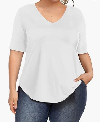 Camiseta informal de verano para mujer, talla grande, color liso, cuello en V y manga corta