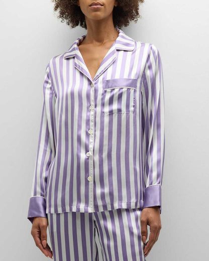 Conjunto de pijama de dos piezas para mujer, informal, a rayas, con solapa, manga larga, pantalones holgados
