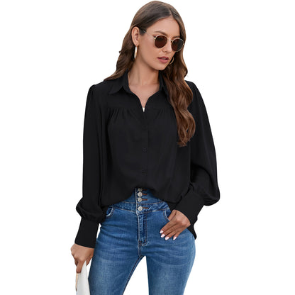 Blusa informal de gasa plisada de manga larga de color liso para mujer, talla grande