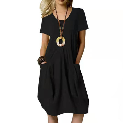 Casual Women Short Sleeve Solid Color Pocket Loose Dress