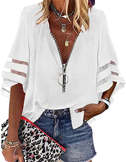 Blusa informal de mujer con cuello en V, media cremallera y mangas acampanadas