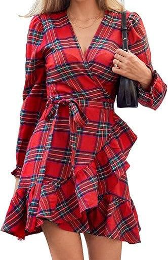 Women Fashion Casual Plaid Printed V-Neck Bubble Sleeve Lace-Up Ruffled Dress