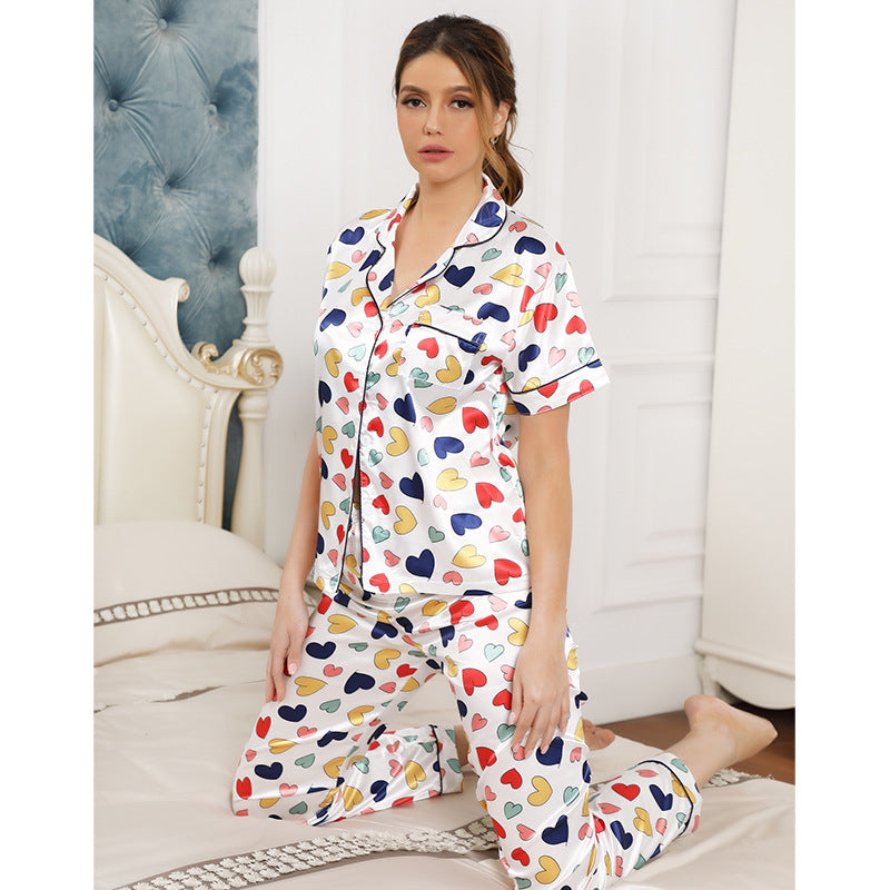 Conjunto de pijama informal de seda sintética para mujer, con solapa y estampado de corazones multicolor, manga corta, para el hogar