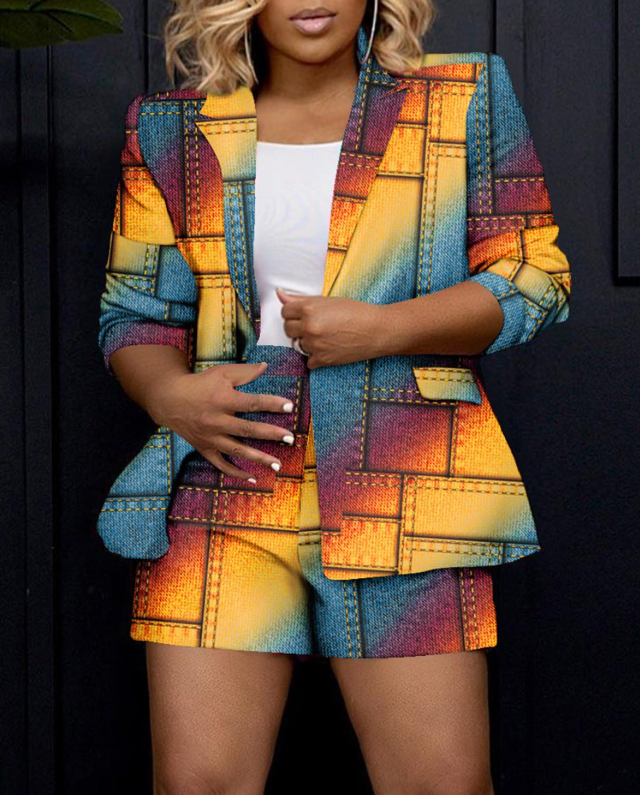 Conjunto de dos piezas de blazer, chaqueta y pantalones cortos con estampado geométrico multicolor informal para mujer
