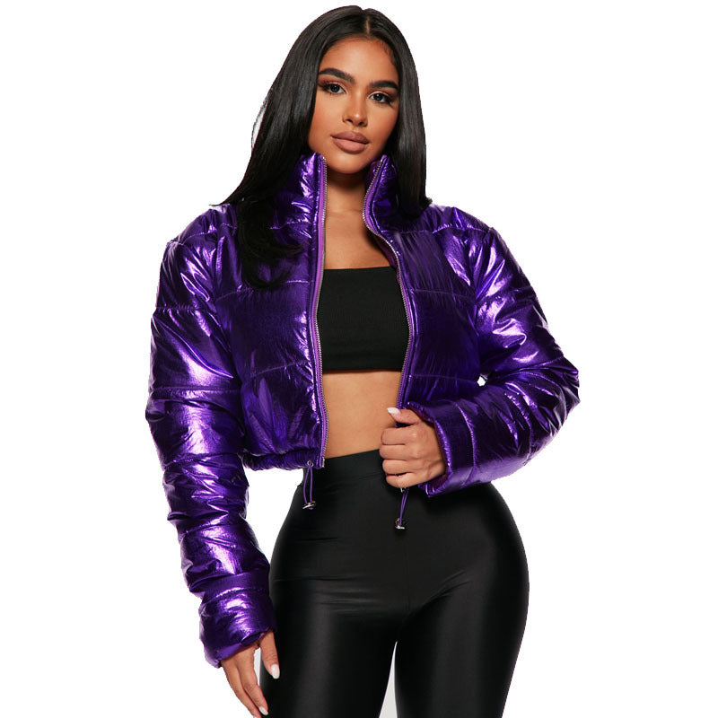 Abrigo corto con cremallera y cuello alto de color liso informal para mujer, moda Otoño Invierno