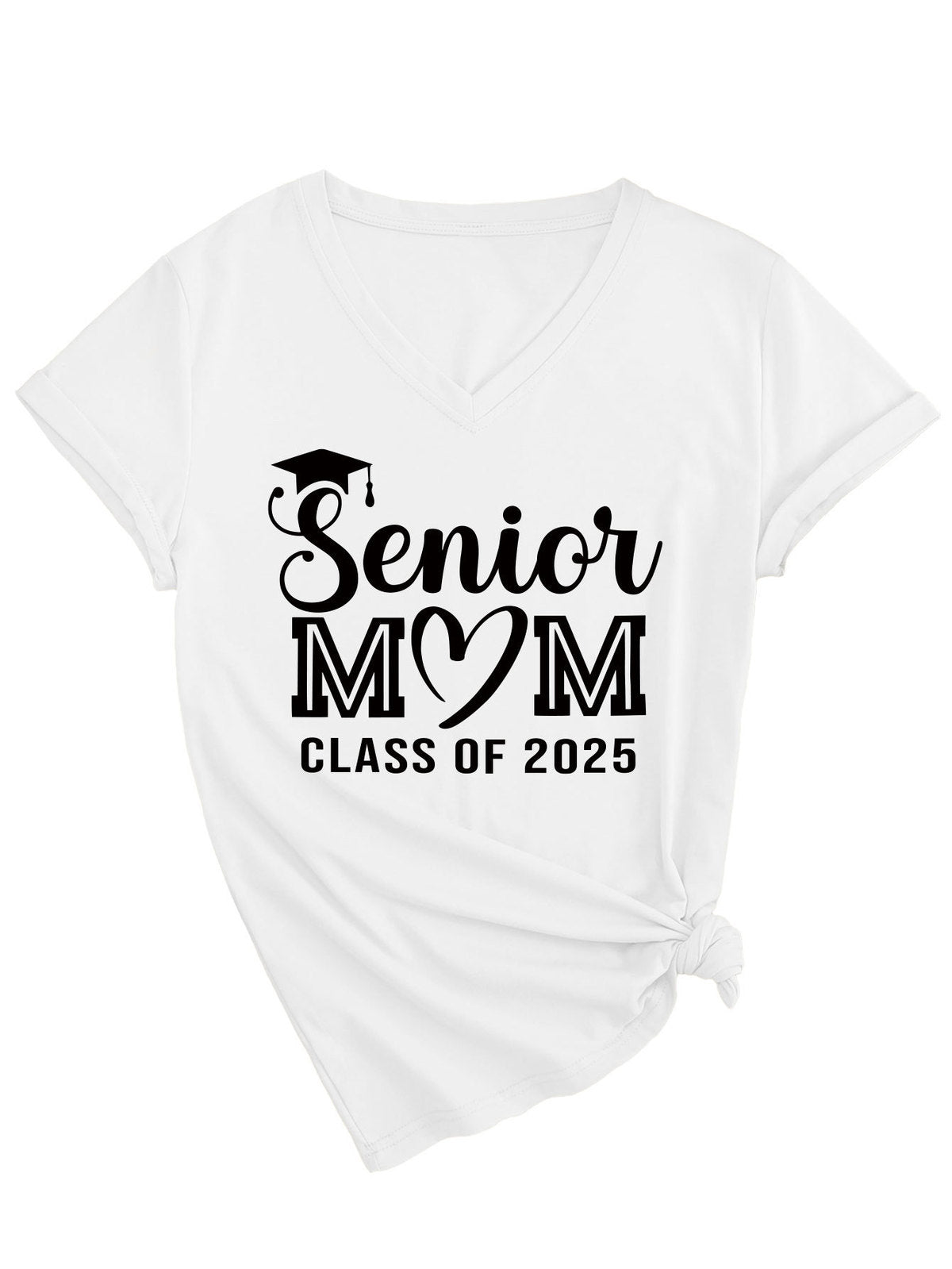 Camiseta informal de verano para mujer, color liso, con estampado de letras Mom, cuello en V y manga corta 2025
