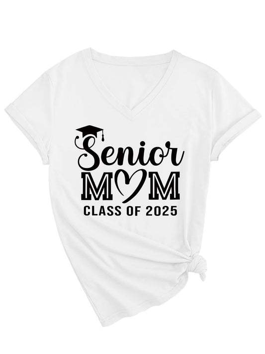 Camiseta informal de verano para mujer, color liso, con estampado de letras Mom, cuello en V y manga corta 2025