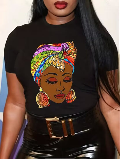 Camiseta informal de manga corta con estampado de dibujos animados de chica negra para mujer