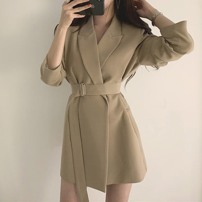 Women Fashion Temperament Mid-Length Casual Belt Blazer