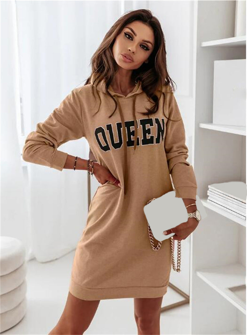 Autumn Winter Women Casual Long-Sleeved Hooded Letter Dress