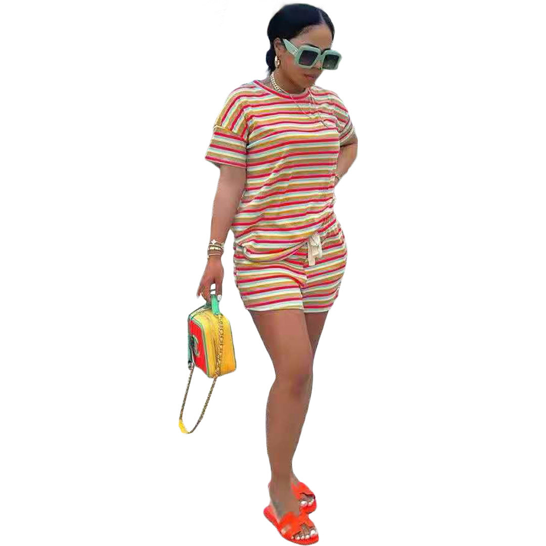 Conjunto deportivo informal de manga corta con estampado de rayas para mujer