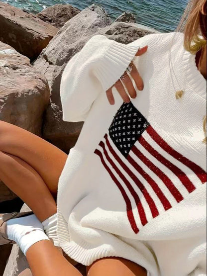 Suéter holgado informal de manga larga con estampado de bandera y estrellas para mujer