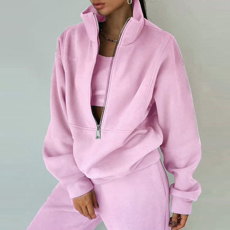 Women Winter Sports Casual Oversized Half Zipper Solid Color Long Sleeves Top And Sweatpants Set