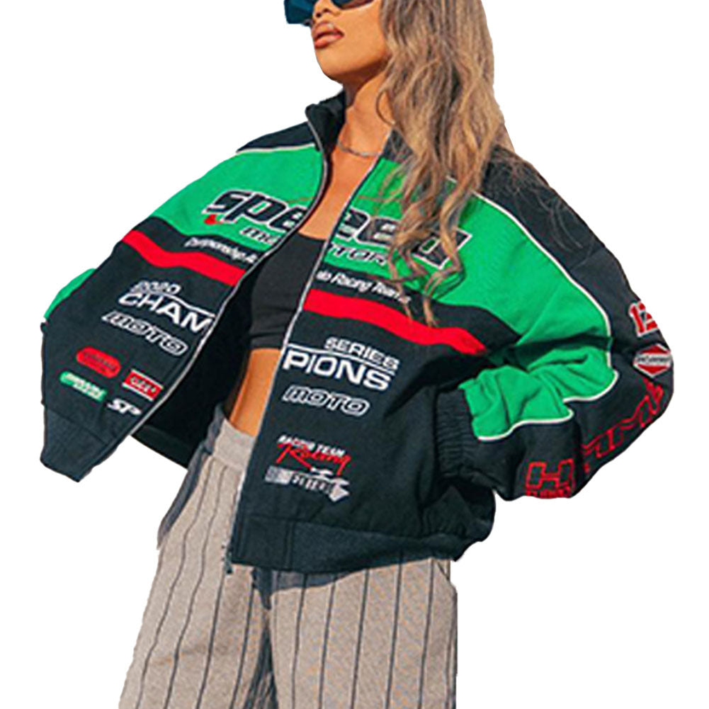 Chaqueta de béisbol holgada informal con estampado de letras punk y manga larga con cremallera para mujer