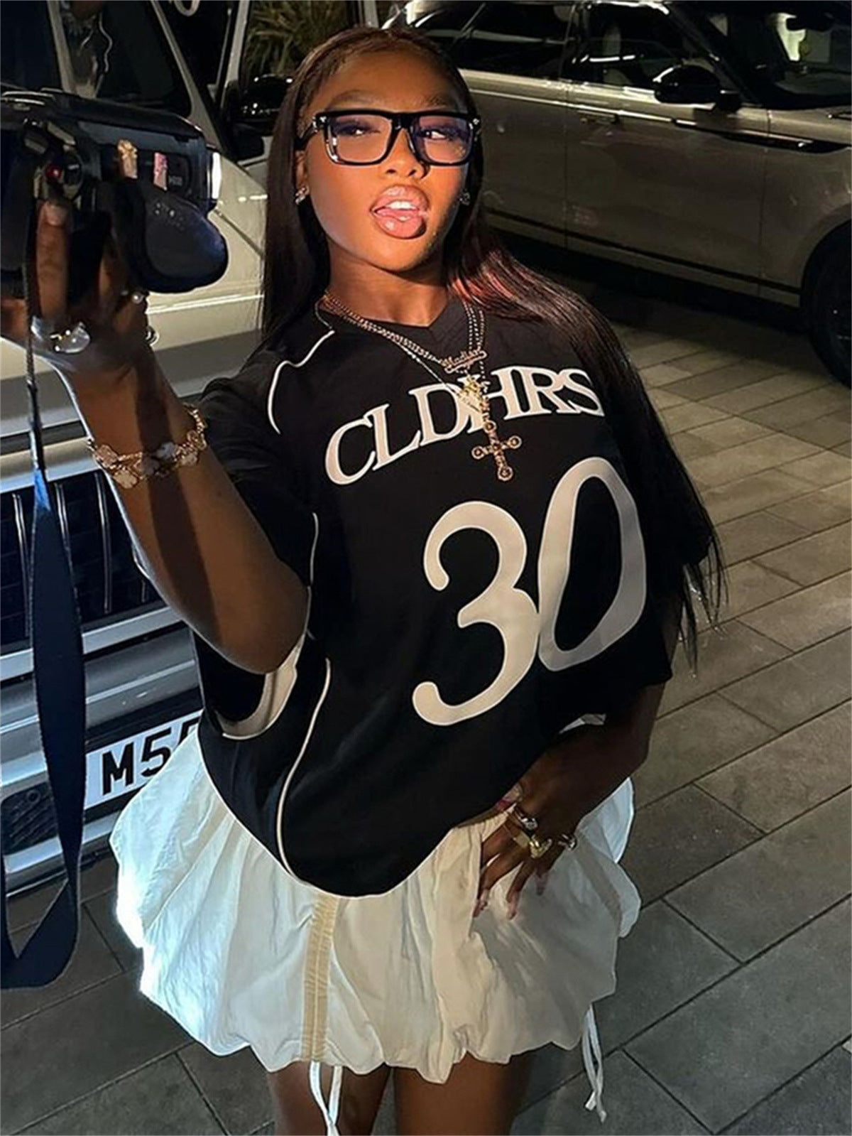 Women Fashion Casual Loose Letter Digital Print Short Sleeve V-Neck Jersey T-Shirt