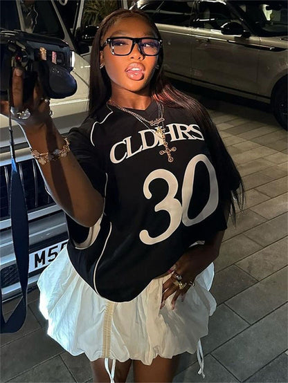 Women Fashion Casual Loose Letter Digital Print Short Sleeve V-Neck Jersey T-Shirt