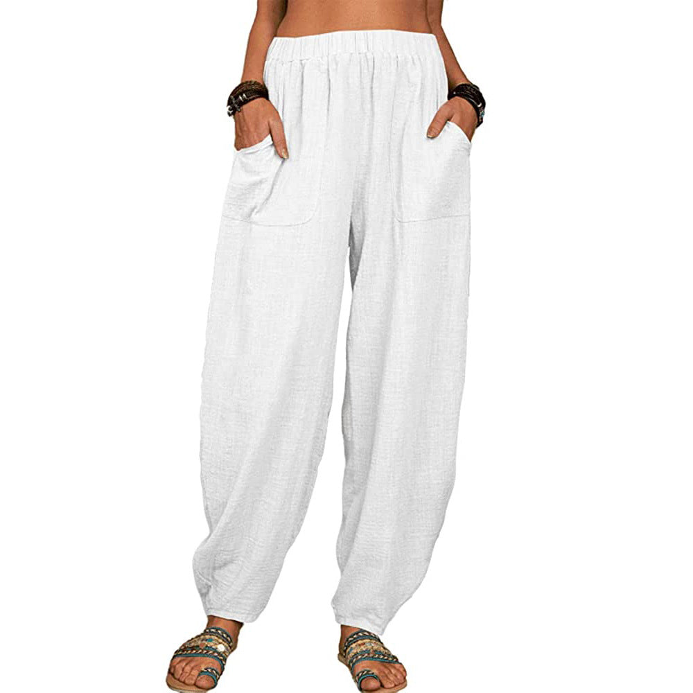 Women Fashion Casual Cotton Linen Solid Color Loose Harem Pants
