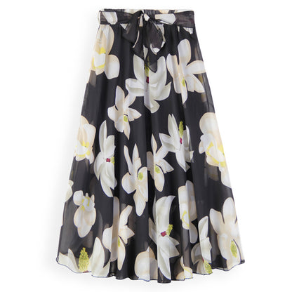 Women Fashion Casual Floral Printing Chiffon A- Line Skirt