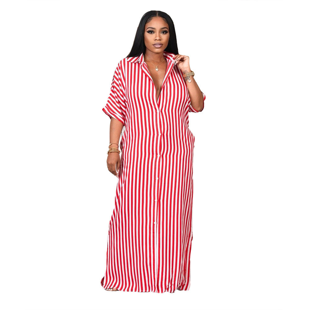 Women Casual Stripe Color Blocking Short Sleeves Loose Lapel Shirt Maxi Dress