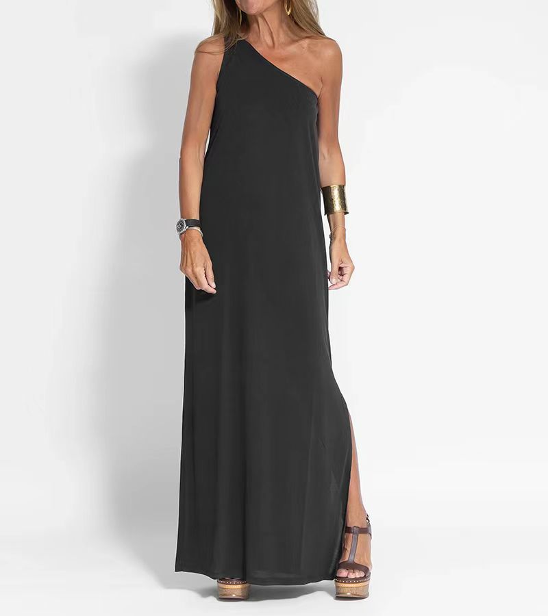 Women Casual Fashion Summer Vacation Slanted Shoulder Solid Color Loose Maxi Dress