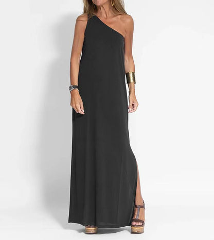 Women Casual Fashion Summer Vacation Slanted Shoulder Solid Color Loose Maxi Dress