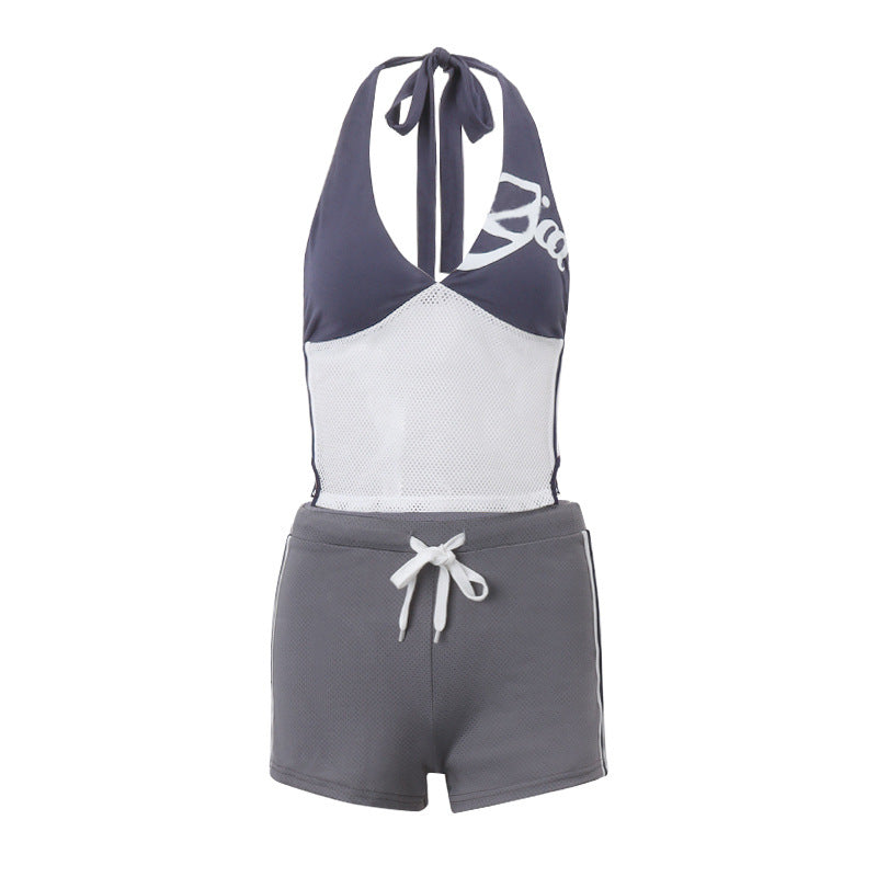 Conjunto de dos piezas deportivo informal con cuello halter y bloques de color para mujer