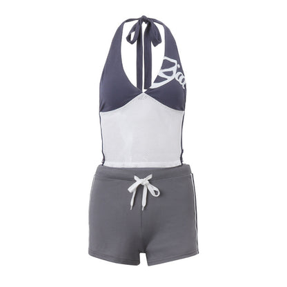 Conjunto de dos piezas deportivo informal con cuello halter y bloques de color para mujer
