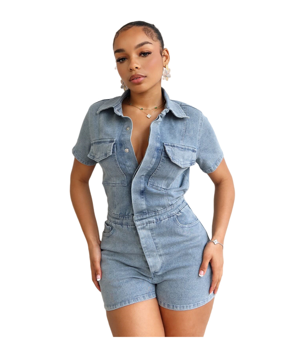 Women Fashion Casual Stretch Lapel Short Sleeve Denim Rompers