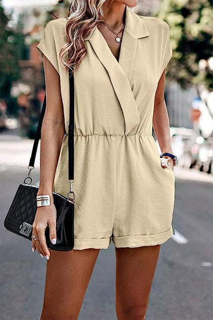 Women Fashion Casual Solid Color V-Neck Short Sleeve Rompers